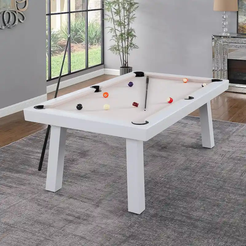Ensemble table de billard Laguna pour intérieur/extérieur, 2,13 m (7 pi), en ardoise, avec 2 bancs et accessoires, finition blanche.