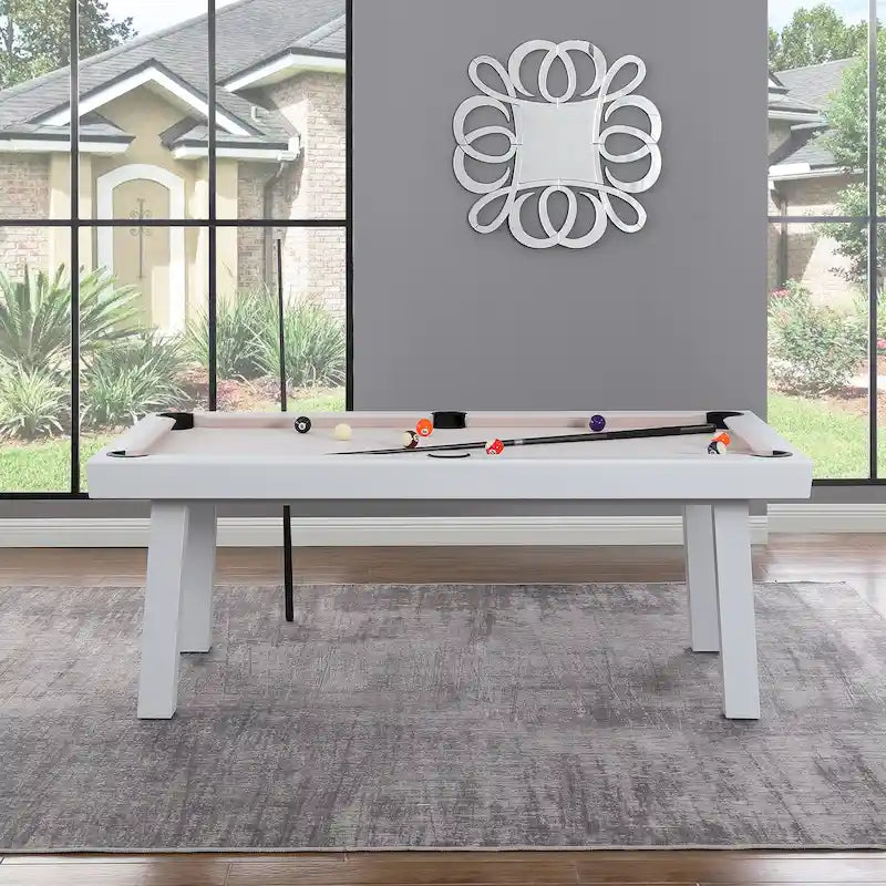 Ensemble table de billard Laguna pour intérieur/extérieur, 2,13 m (7 pi), en ardoise, avec 2 bancs et accessoires, finition blanche.