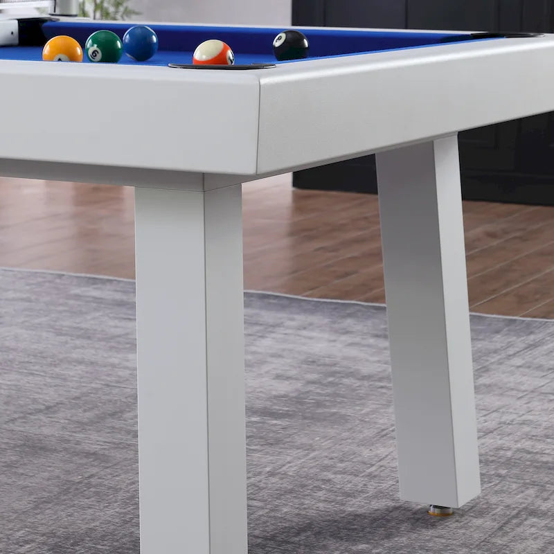 Ensemble table de billard Laguna pour intérieur/extérieur, 2,13 m (7 pi), en ardoise, avec 2 bancs et accessoires, finition blanche.