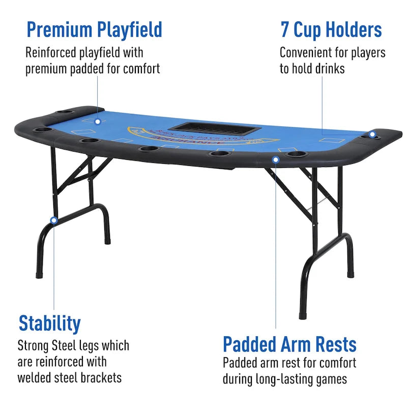 HomCom 72 Table de poker pliable demi-format pour 7 joueurs - Bleu/Noir