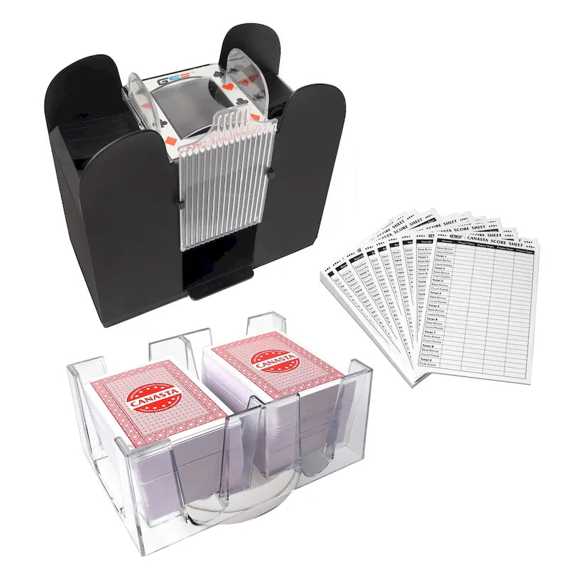 Jeu de cartes Canasta GSE comprenant 6 jeux de cartes Canasta avec valeurs de points, un mélangeur de cartes, un plateau de cartes rotatif et 100 feuilles de score.
