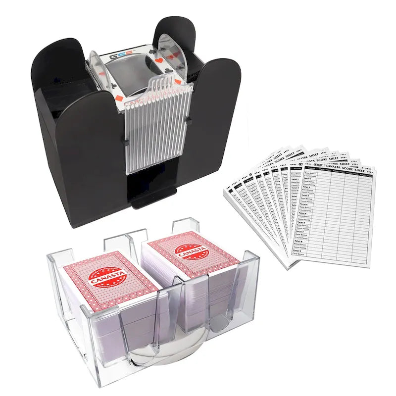 Jeu de cartes Canasta GSE comprenant 6 jeux de cartes Canasta avec valeurs de points, un mélangeur de cartes, un plateau de cartes rotatif et 100 feuilles de score.