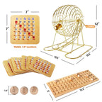 Jeu de bingo à volets GSE pour grands groupes. Grande cage et plateau de bingo en laiton, boules de bingo en bois 7/8, 10 cartes de bingo à volets