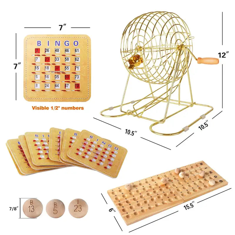 Jeu de bingo à volets GSE pour grands groupes. Grande cage et plateau de bingo en laiton, boules de bingo en bois 7/8, 10 cartes de bingo à volets