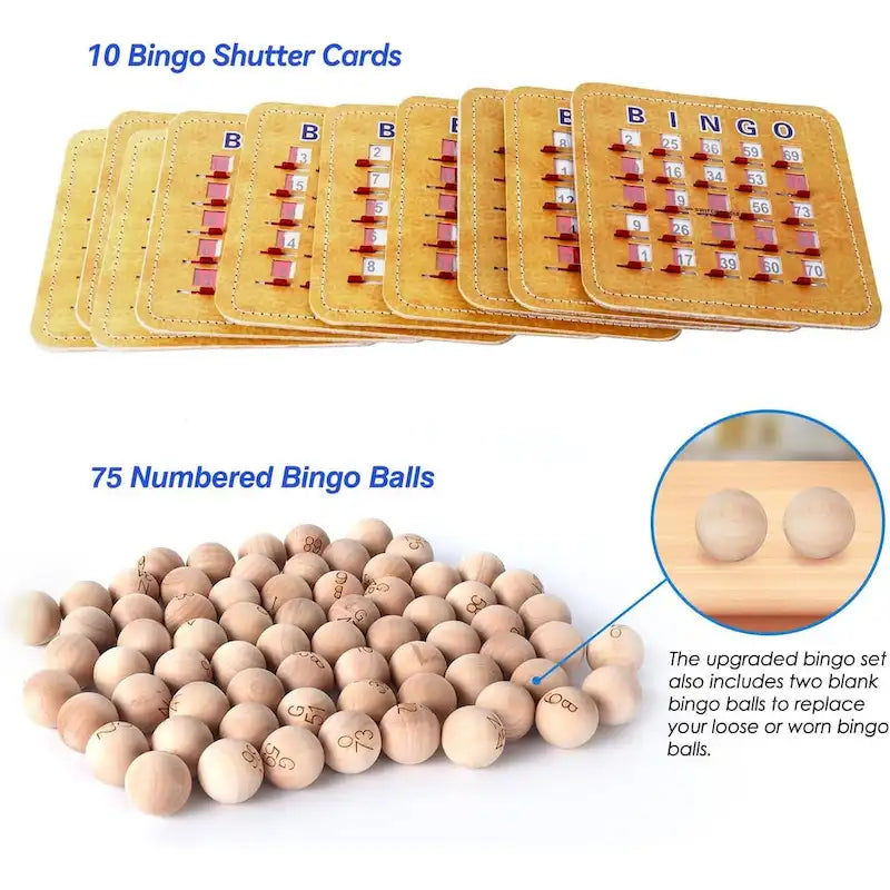 Jeu de bingo à volets GSE pour grands groupes. Grande cage et plateau de bingo en laiton, boules de bingo en bois 7/8, 10 cartes de bingo à volets