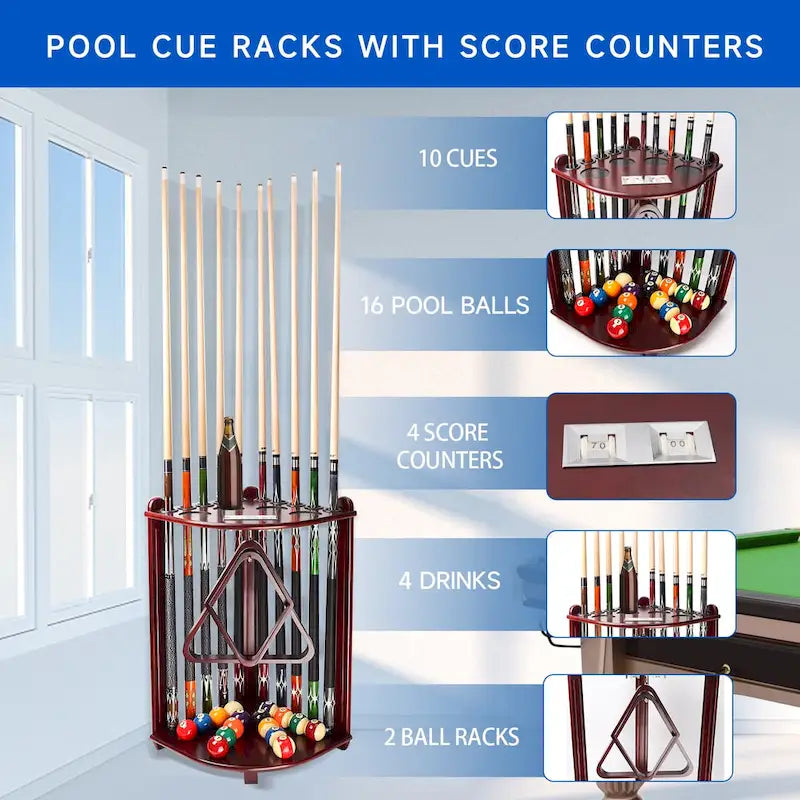 Porte-queues de billard GSE 10-Pool Cue en bois, style angle. Support de queue de billard sur pied.