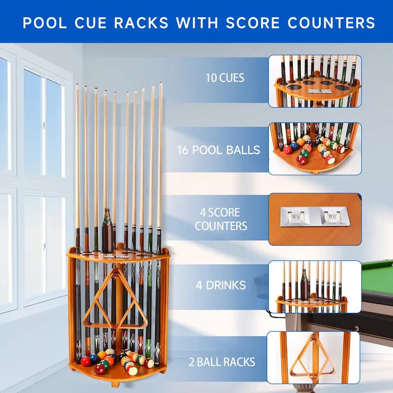 Porte-queues de billard GSE 10-Pool Cue en bois, style angle. Support de queue de billard sur pied.