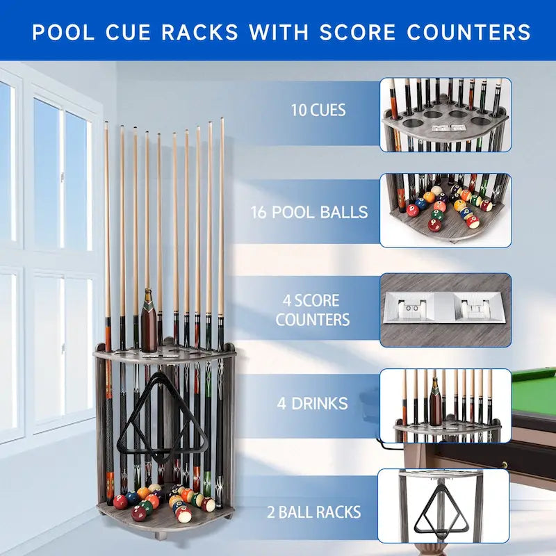 Porte-queues de billard GSE 10-Pool Cue en bois, style angle. Support de queue de billard sur pied.