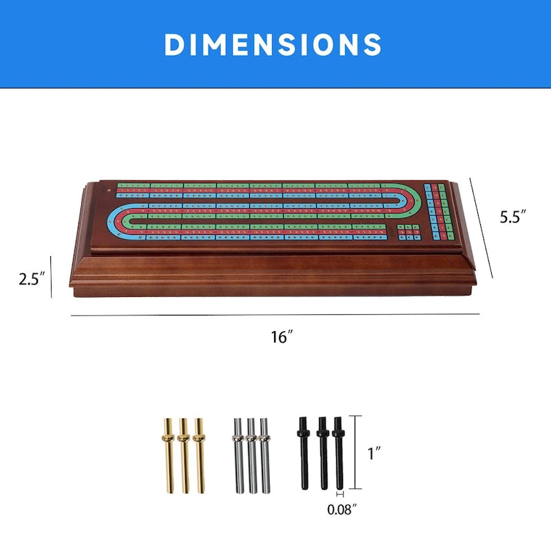 Boîte de cribbage en bois GSE à 3 pistes avec 2 jeux de cartes, 9 pions métalliques et tiroir