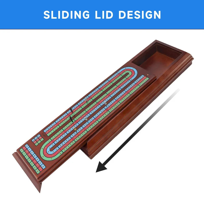 Boîte de cribbage en bois GSE à 3 pistes avec 2 jeux de cartes, 9 pions métalliques et tiroir