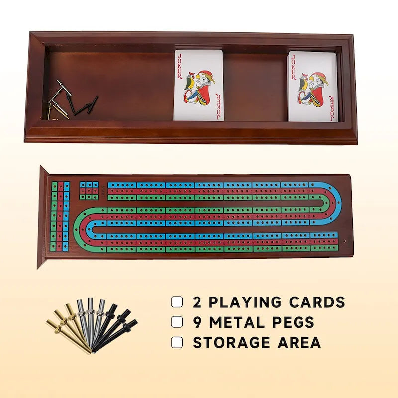 Boîte de cribbage en bois GSE à 3 pistes avec 2 jeux de cartes, 9 pions métalliques et tiroir