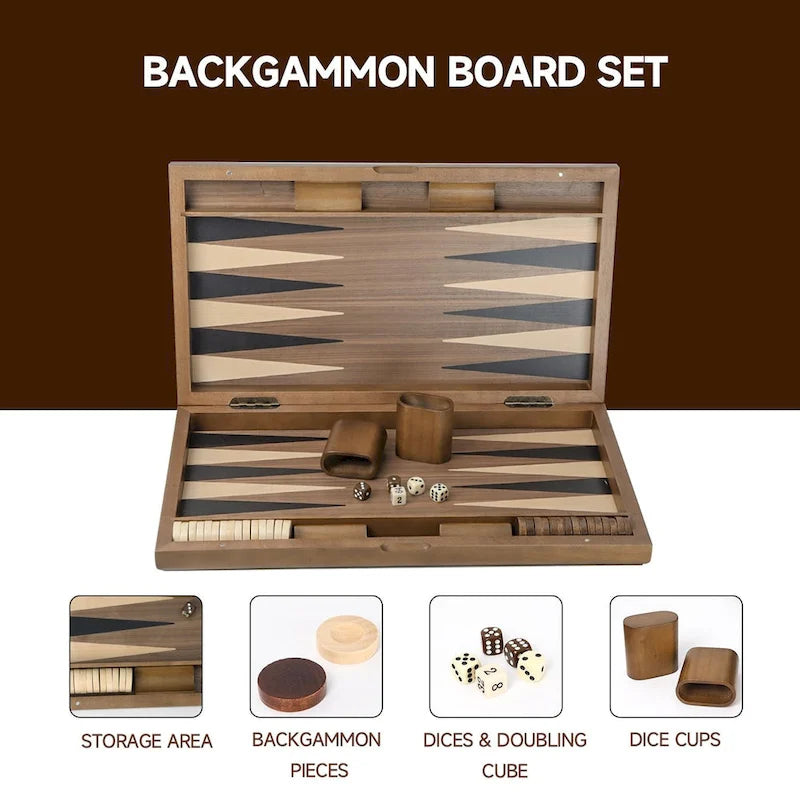 Jeu de backgammon GSE 21 Premium avec plateau en bois incrusté, jeu de backgammon portable et pliable avec pions - 53 cm (21 pouces)