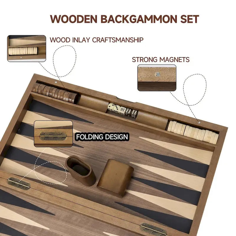 Jeu de backgammon GSE 21 Premium avec plateau en bois incrusté, jeu de backgammon portable et pliable avec pions - 53 cm (21 pouces)