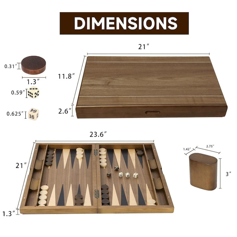 Jeu de backgammon GSE 21 Premium avec plateau en bois incrusté, jeu de backgammon portable et pliable avec pions - 53 cm (21 pouces)