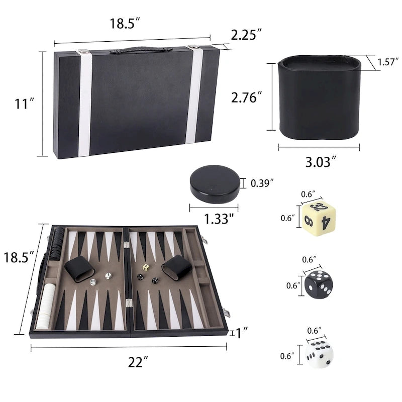 Jeu de backgammon GSE 22 en cuir premium, jeu de backgammon pliable et portable avec pions - Grand format