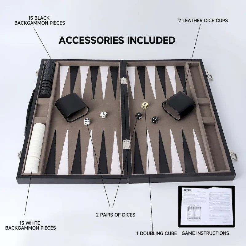 Jeu de backgammon GSE 22 en cuir premium, jeu de backgammon pliable et portable avec pions - Grand format