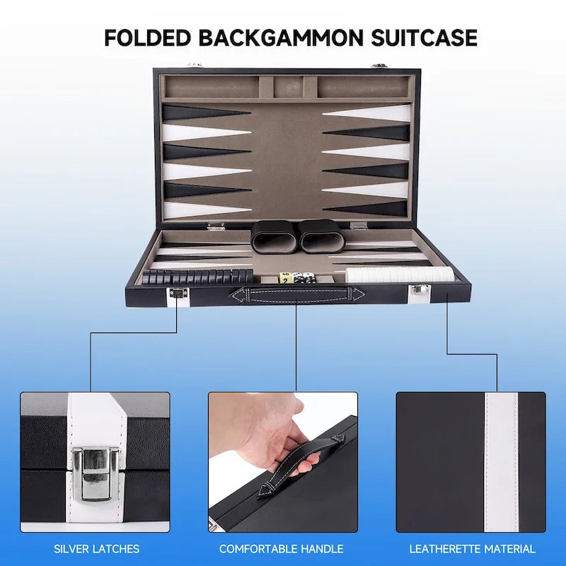 Jeu de backgammon GSE 22 en cuir premium, jeu de backgammon pliable et portable avec pions - Grand format