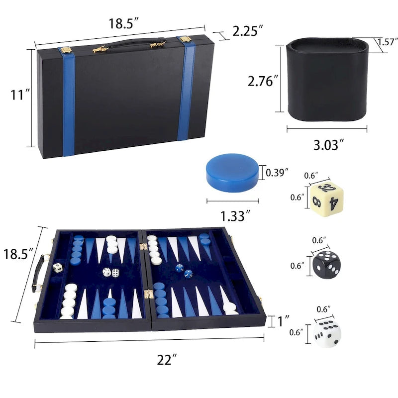 Jeu de backgammon GSE 22 en cuir premium, jeu de backgammon pliable et portable avec pions - Grand format