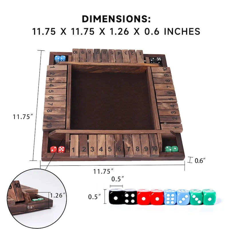 Jeu de dés en bois GSE pour 4 joueurs (10 numéros) : Fermez la boîte ! Idéal pour les soirées jeux en famille, les jeux de table et les jeux de bar.