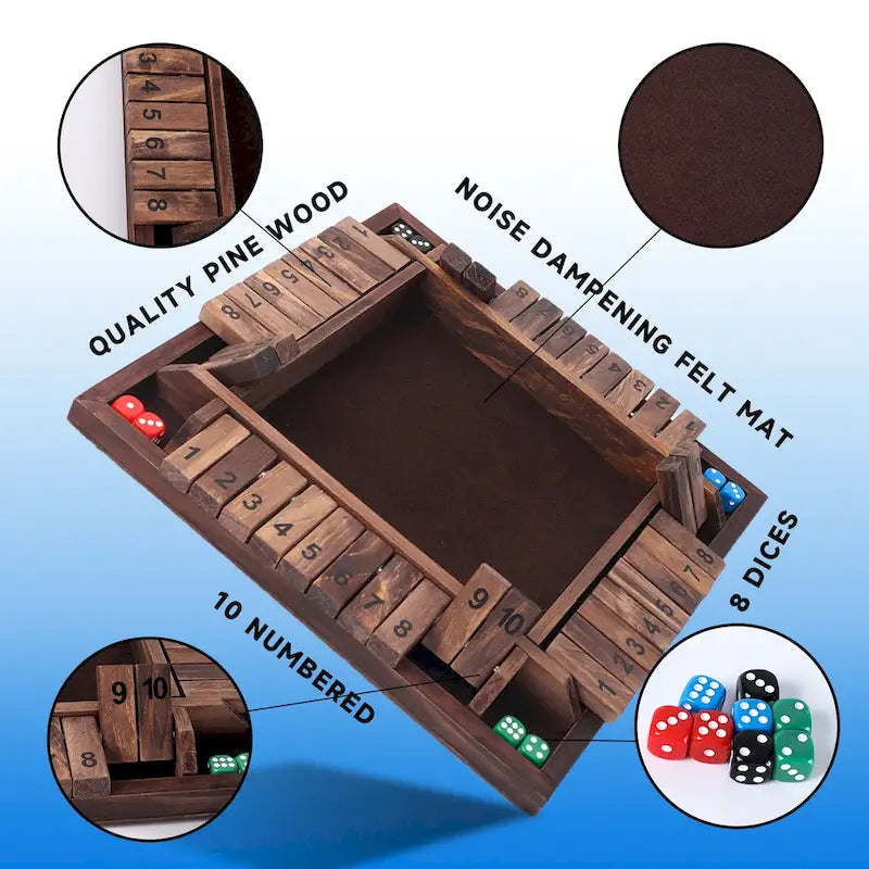 Jeu de dés en bois GSE pour 4 joueurs (10 numéros) : Fermez la boîte ! Idéal pour les soirées jeux en famille, les jeux de table et les jeux de bar.