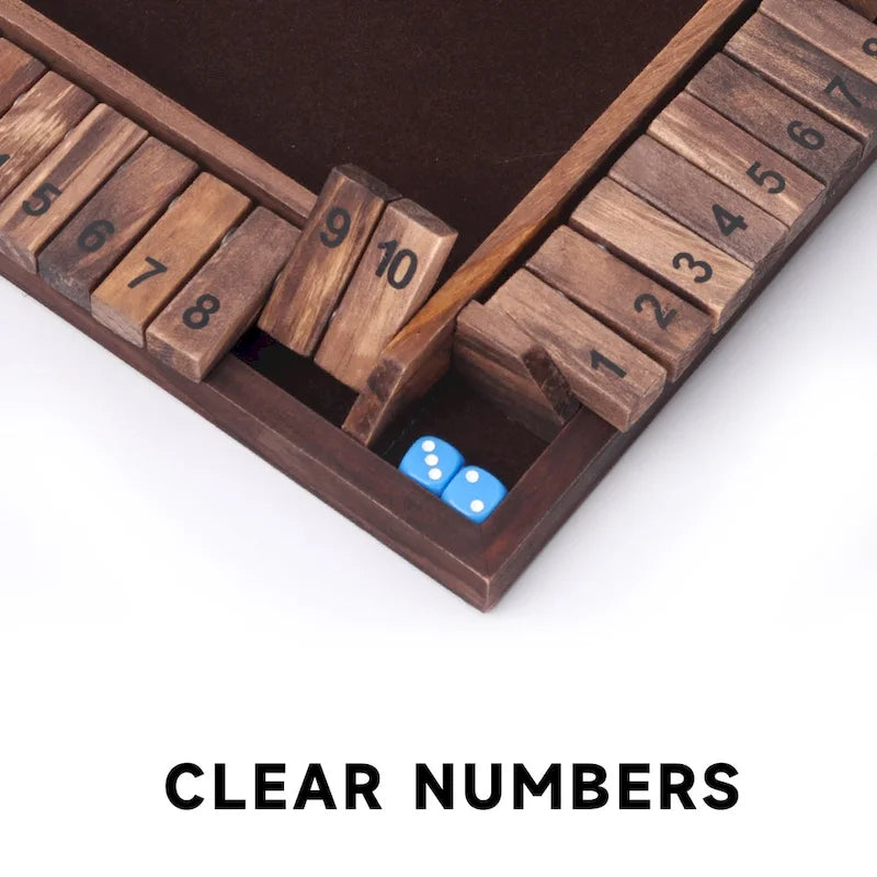 Jeu de dés en bois GSE pour 4 joueurs (10 numéros) : Fermez la boîte ! Idéal pour les soirées jeux en famille, les jeux de table et les jeux de bar.