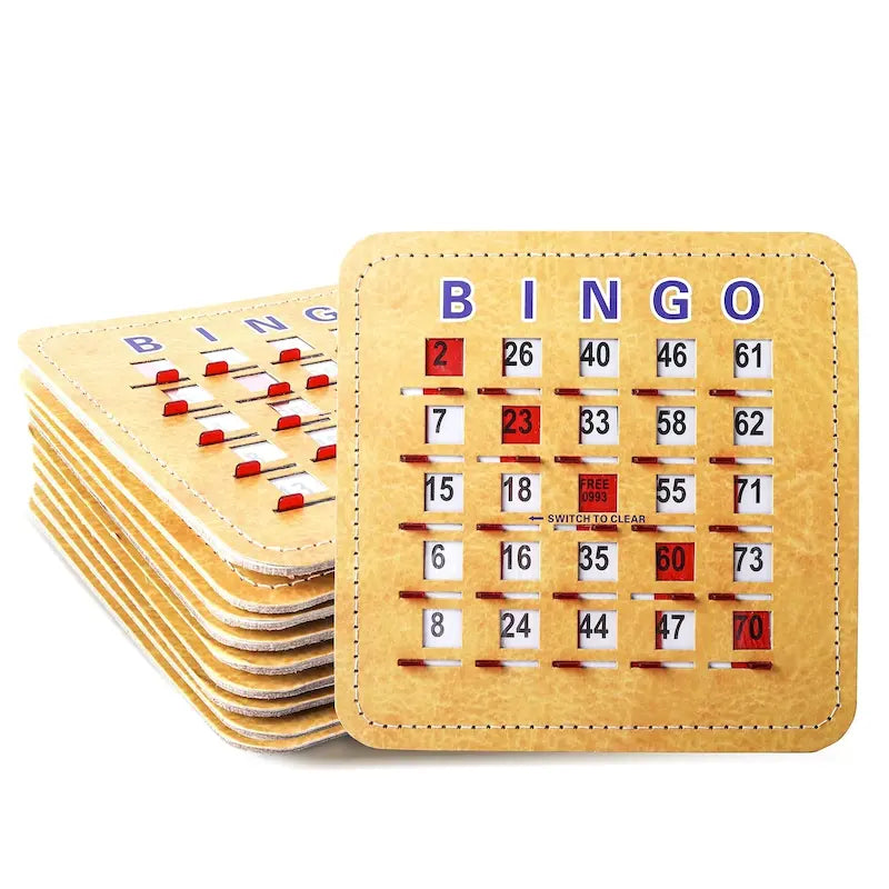 Cartes de bingo GSE à obturateur avec curseur de réinitialisation rapide. Cartes de bingo réutilisables à réinitialisation par glissement du bout des doigts.