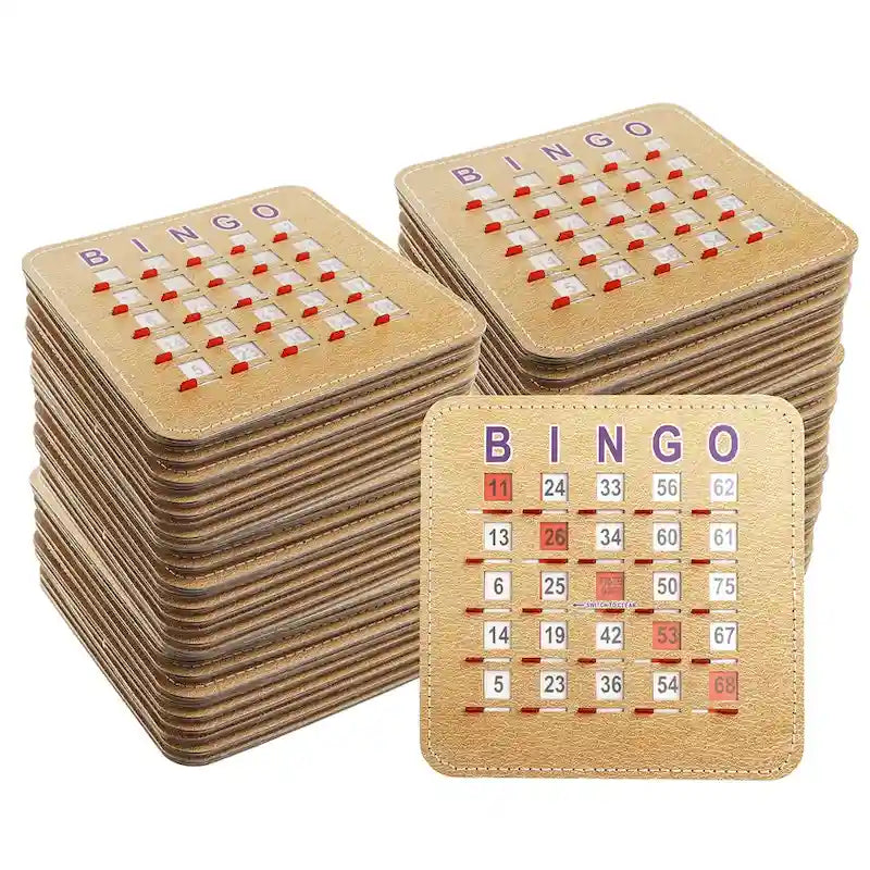 Cartes de bingo GSE à obturateur avec curseur de réinitialisation rapide. Cartes de bingo réutilisables à réinitialisation par glissement du bout des doigts.