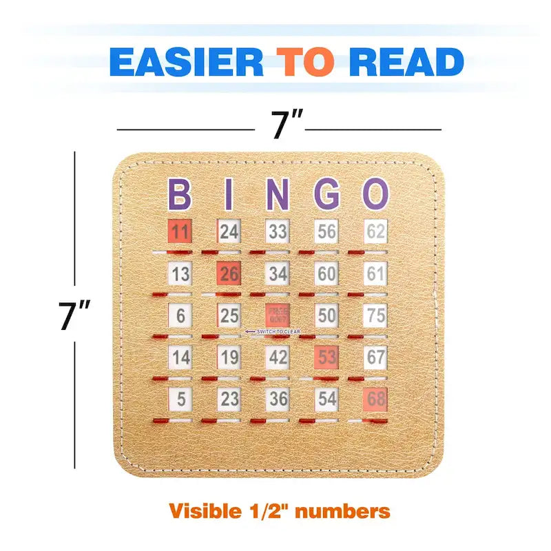 Cartes de bingo GSE à obturateur avec curseur de réinitialisation rapide. Cartes de bingo réutilisables à réinitialisation par glissement du bout des doigts.