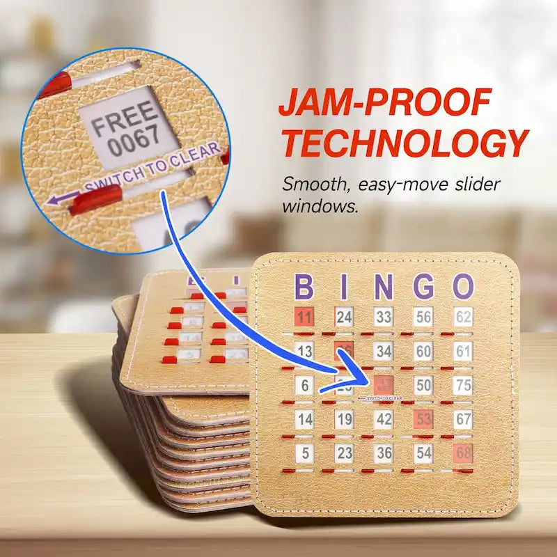 Cartes de bingo GSE à obturateur avec curseur de réinitialisation rapide. Cartes de bingo réutilisables à réinitialisation par glissement du bout des doigts.
