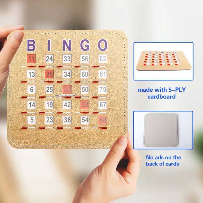 Cartes de bingo GSE à obturateur avec curseur de réinitialisation rapide. Cartes de bingo réutilisables à réinitialisation par glissement du bout des doigts.