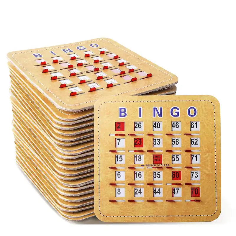 Cartes de bingo GSE à obturateur avec curseur de réinitialisation rapide. Cartes de bingo réutilisables à réinitialisation par glissement du bout des doigts.