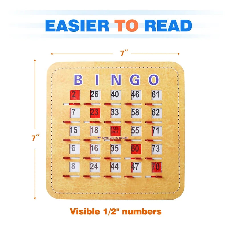 Cartes de bingo GSE à obturateur avec curseur de réinitialisation rapide. Cartes de bingo réutilisables à réinitialisation par glissement du bout des doigts.