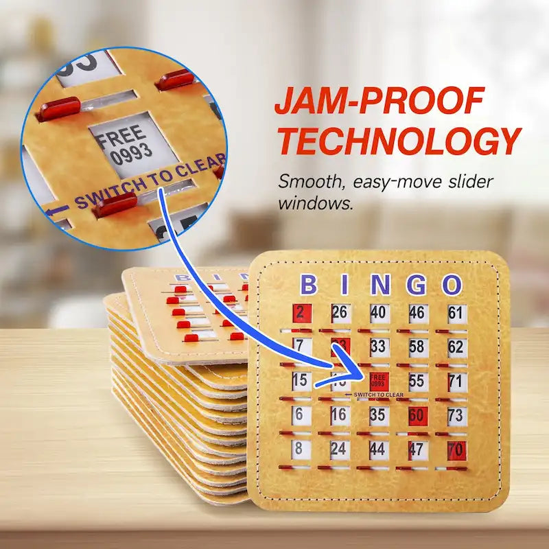 Cartes de bingo GSE à obturateur avec curseur de réinitialisation rapide. Cartes de bingo réutilisables à réinitialisation par glissement du bout des doigts.