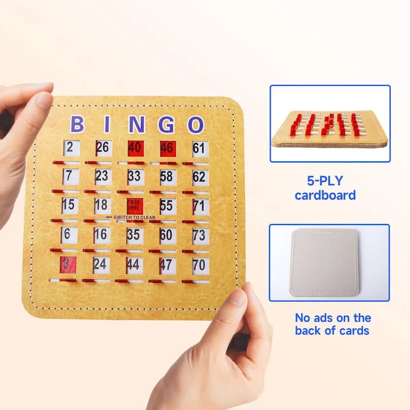 Cartes de bingo GSE à obturateur avec curseur de réinitialisation rapide. Cartes de bingo réutilisables à réinitialisation par glissement du bout des doigts.