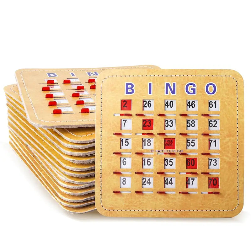 Cartes de bingo GSE à obturateur avec curseur de réinitialisation rapide. Cartes de bingo réutilisables à réinitialisation par glissement du bout des doigts.