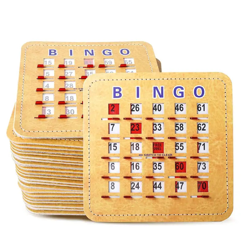 Cartes de bingo GSE à obturateur avec curseur de réinitialisation rapide. Cartes de bingo réutilisables à réinitialisation par glissement du bout des doigts.