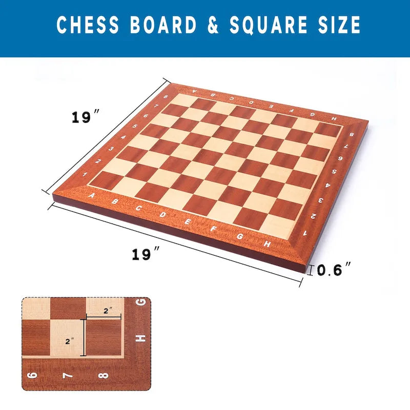 Échiquier GSE 19 x 19 en bois incrusté, échiquier professionnel Staunton pour tournois avec 2 cases