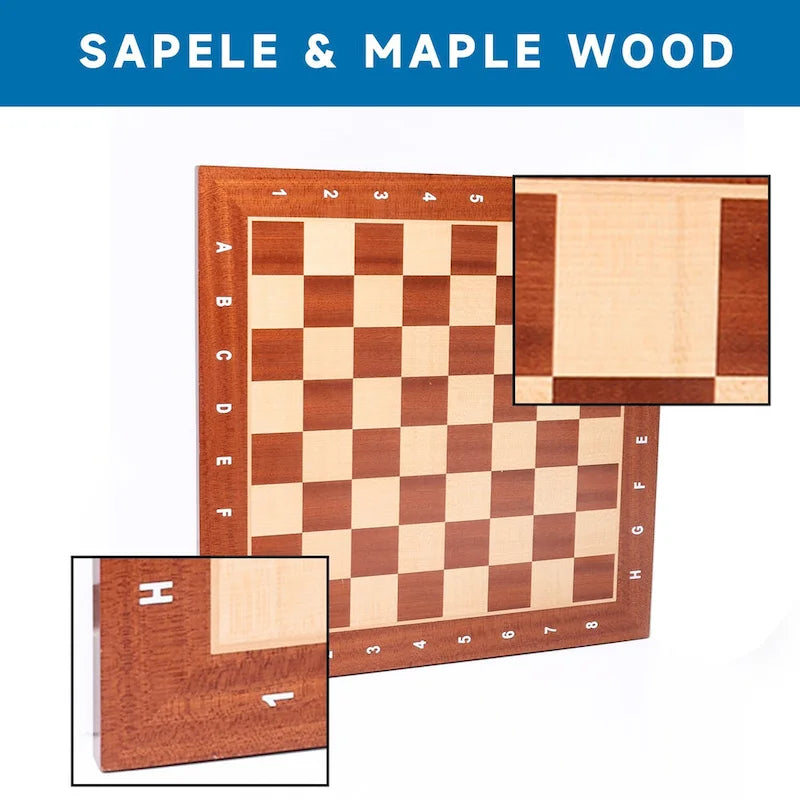 Échiquier GSE 19 x 19 en bois incrusté, échiquier professionnel Staunton pour tournois avec 2 cases
