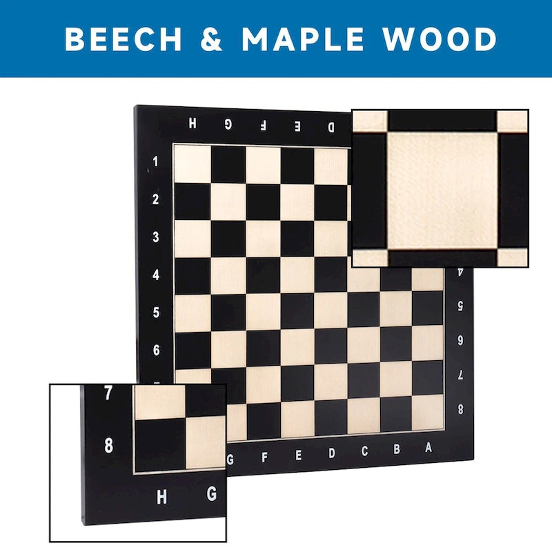 Échiquier GSE 19 x 19 en bois incrusté, échiquier professionnel Staunton pour tournois avec 2 cases