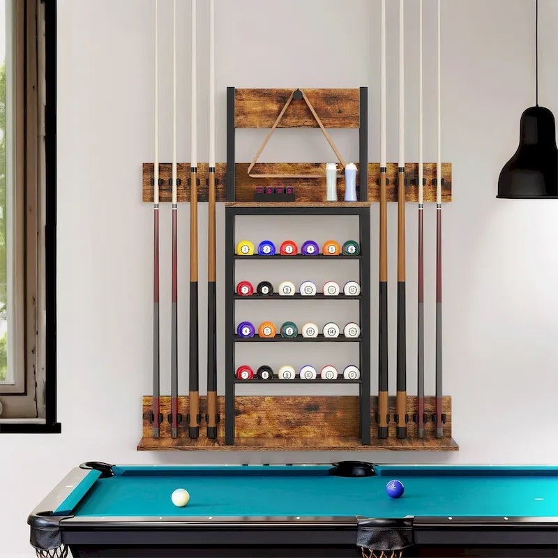 Râtelier de billard mural Moasis pour 8 queues avec support de rangement pour 24 boules