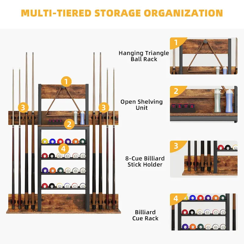 Râtelier de billard mural Moasis pour 8 queues avec support de rangement pour 24 boules
