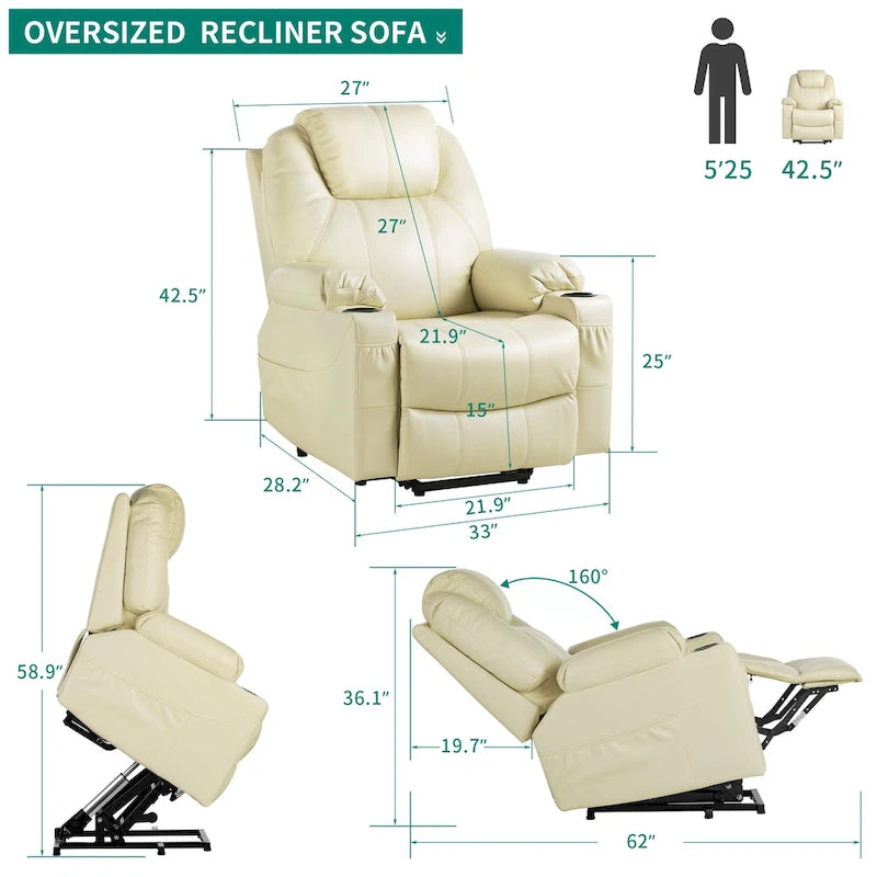 Fauteuil de salon inclinable massant Moasis PU, fauteuil releveur électrique