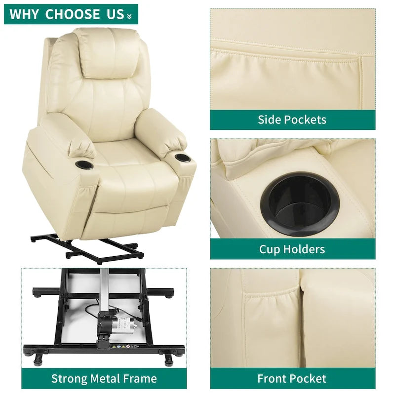 Fauteuil de salon inclinable massant Moasis PU, fauteuil releveur électrique