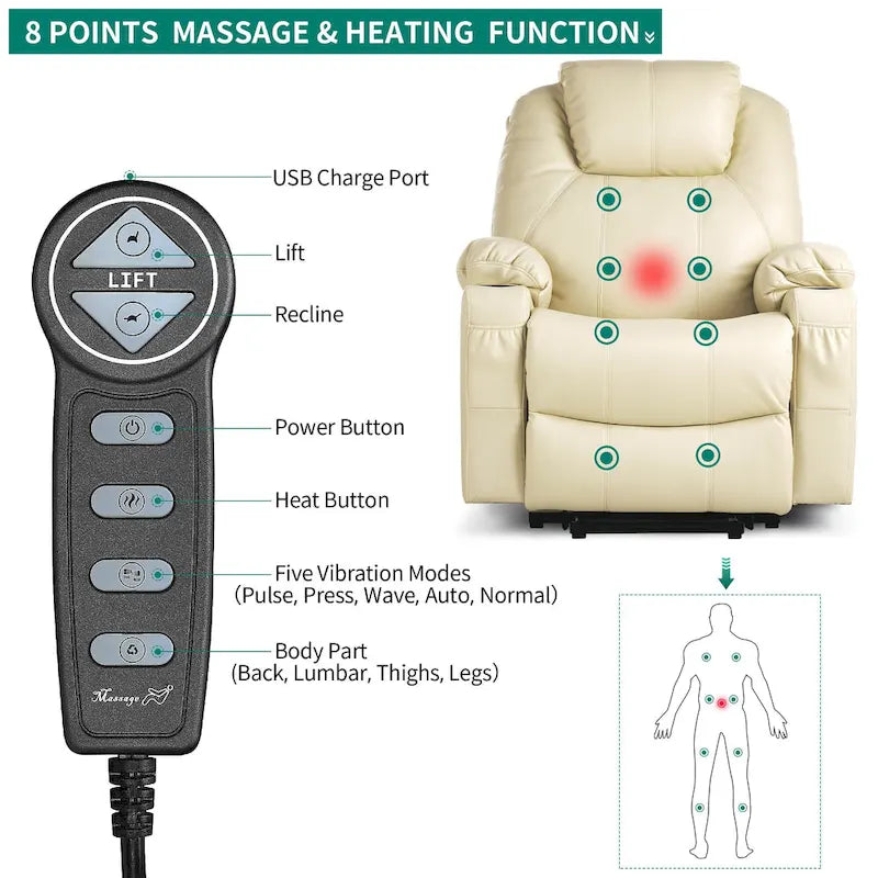 Fauteuil de salon inclinable massant Moasis PU, fauteuil releveur électrique