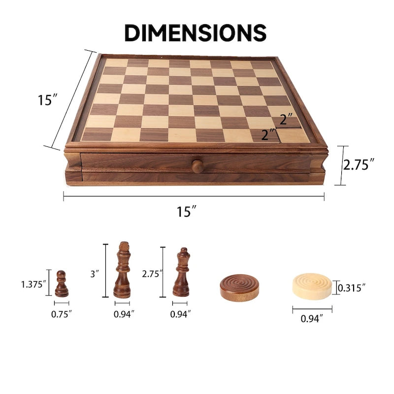 Jeu de société GSE 15 grands jeux en bois 2 en 1 (échecs et dames) avec tiroir