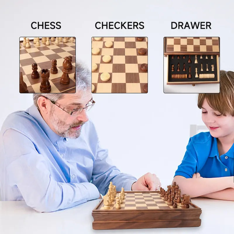 Jeu de société GSE 15 grands jeux en bois 2 en 1 (échecs et dames) avec tiroir