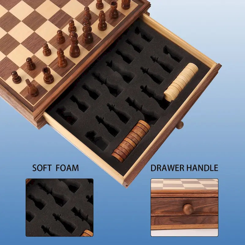 Jeu de société GSE 15 grands jeux en bois 2 en 1 (échecs et dames) avec tiroir