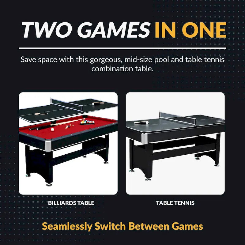 Table de billard Hathaway Spartan 1,83 m avec plateau de ping-pong - Noire avec feutre rouge
