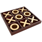 Jeu de morpion en bois marron avec pions X et O dorés