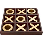 Jeu de morpion en bois marron avec pions X et O dorés